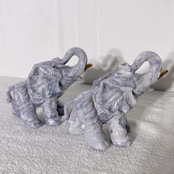 Vintage Marbled Purple Porcelain Elephants X2 - Picture 1 of 12